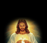Black square with backlit Jesus holding light in his hands